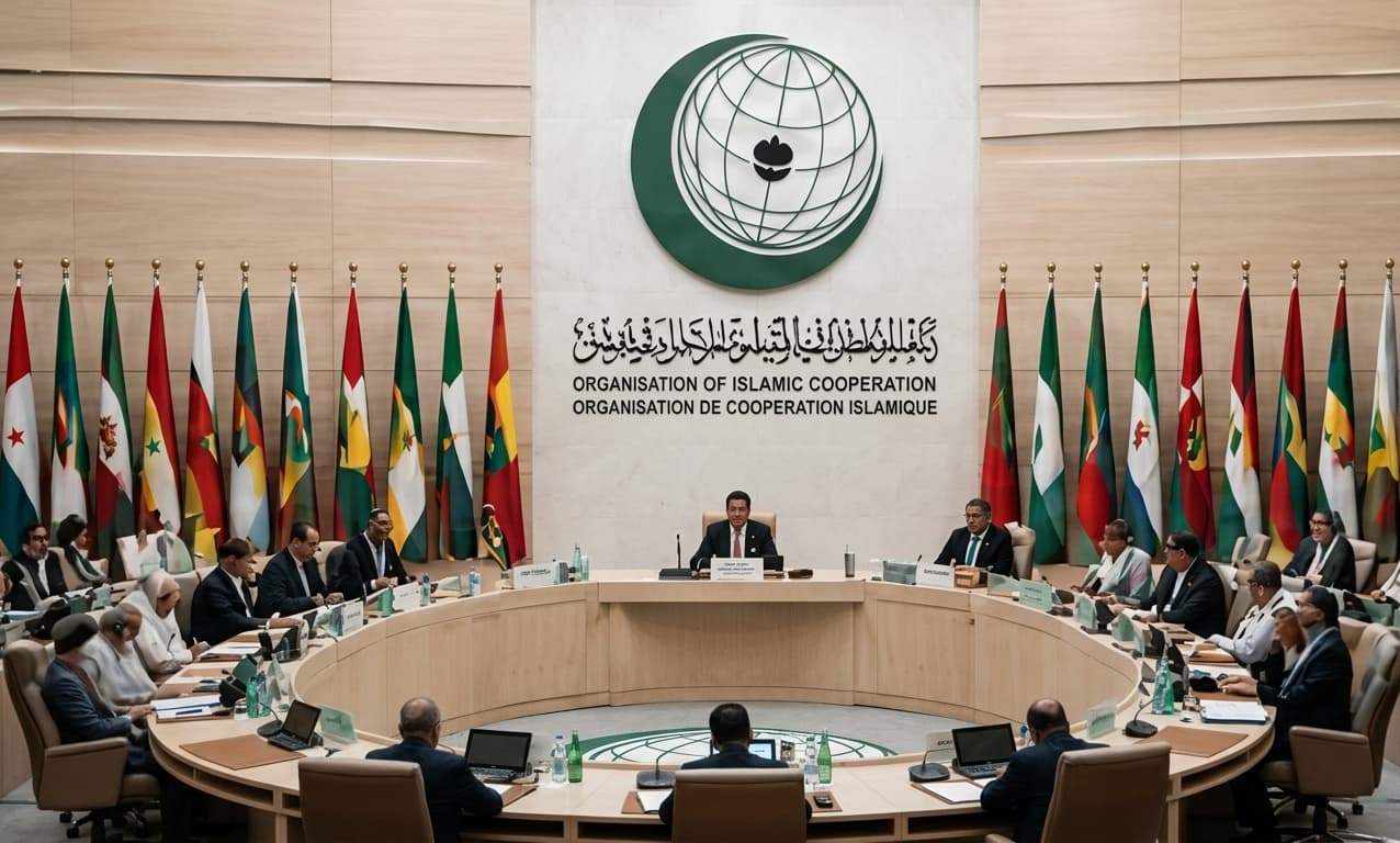 Organisation of Islamic Cooperation conference with member state flags