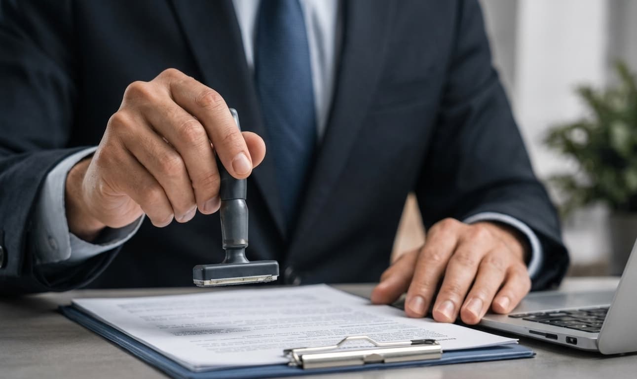 Official stamping a certification document at a desk