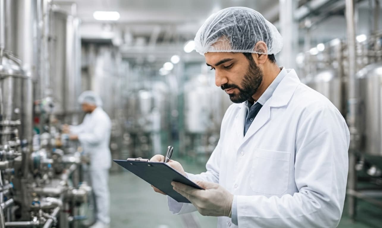 Halal auditor in protective clothing inspecting a production facility